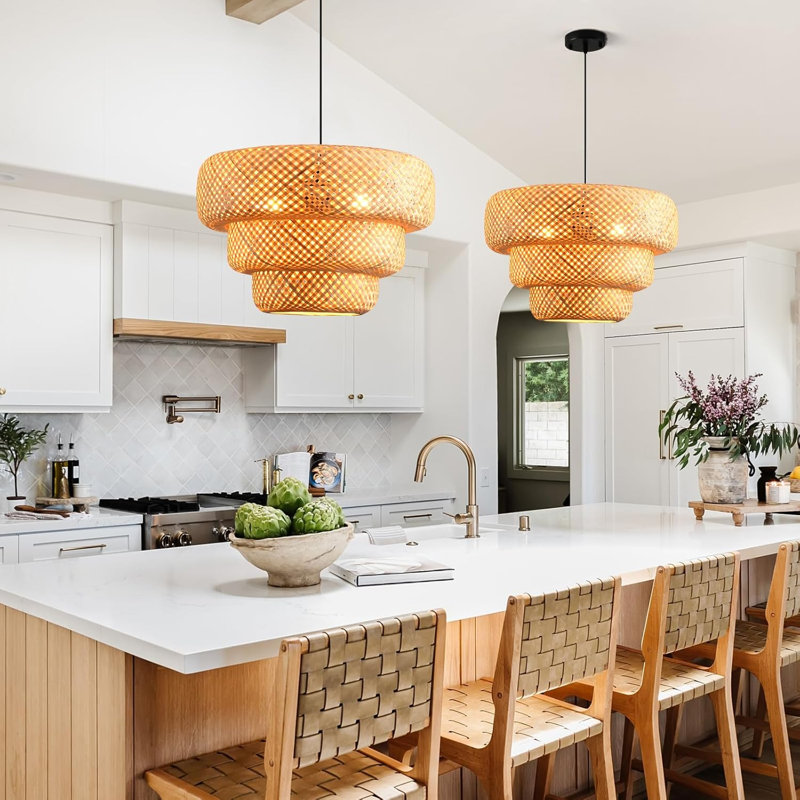 Hand-Woven Bamboo Pendant Light Fixture, Bohemian Rattan Chandelier For Kitchen Island, Dining Room, And Farmhouse Decor