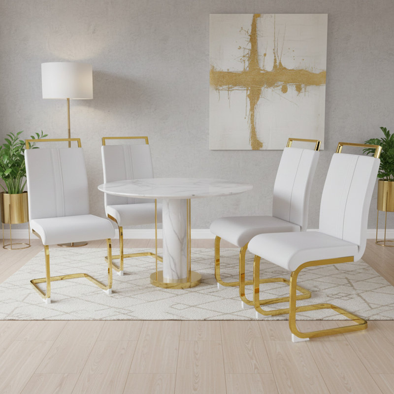 Ensemble de 4 chaises de salle à manger modernes en similicuir avec pieds en forme de C, Doré, Blanc