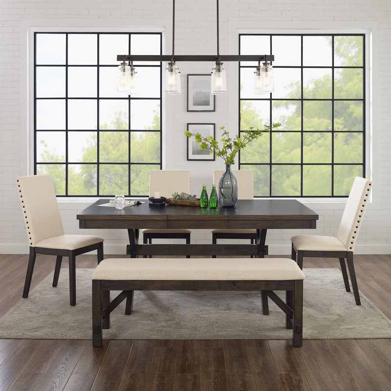 Dunblane Self Storing Leaf Dining Set, 6 Pieces: Table, Bench, 4 Chairs