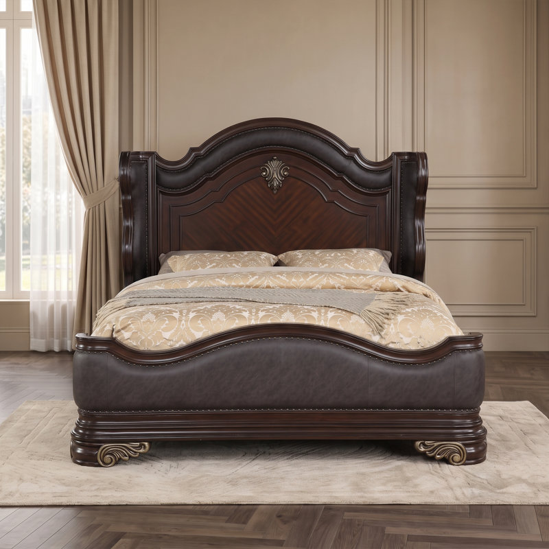 Faxon Leather Wingback Bed, Brown, Queen