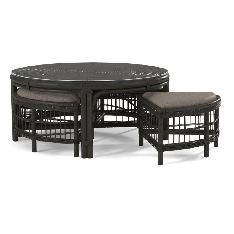 Raffles Rattan Cocktail Table with Benches, Antique Black, Stone Crypton Performance; 0884-83