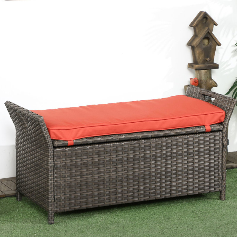 27 Gallon Patio Storage Bench, Red Outdoor Furniture With Handles And Cushion, Large Capacity Deck Box For & Garden Bench In Red, Pe A Joyful Mood
