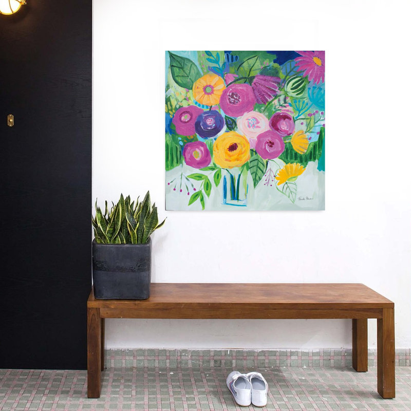 Contemporary Bold Florals With Abstract Blue Art, 32" H x 32" W