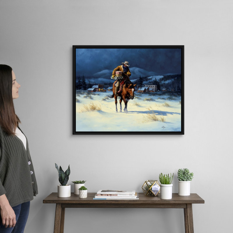 «Bringing Christmas Home» par Jack Sorenson - reproduction d'art sur toile, H 26 po x l 32 po x P 1,75 po, Cadre noir