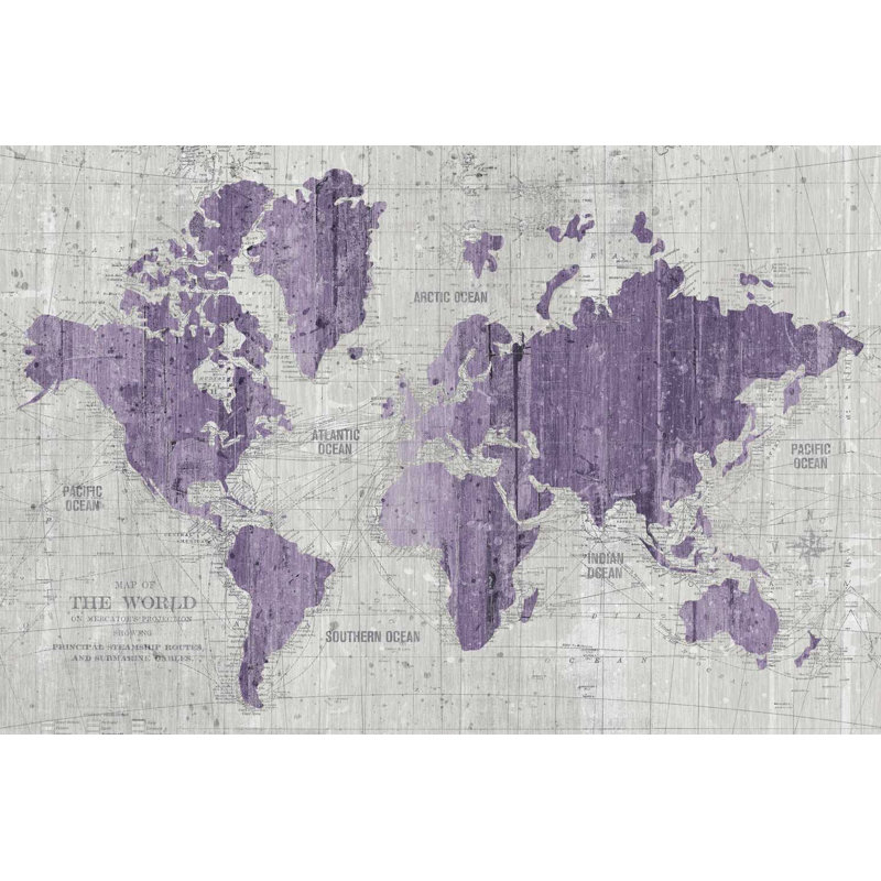 Carte de l'ancien monde mauve gris, H 24 po x l 36 po x P 1,25 po