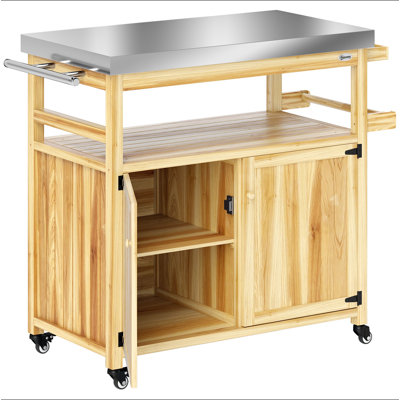 Chariot de barbecue extérieur avec roues et armoires de rangement, îlot de cuisine extérieur en bois massif avec plateau en acier inoxydable, bois à trous intégrés