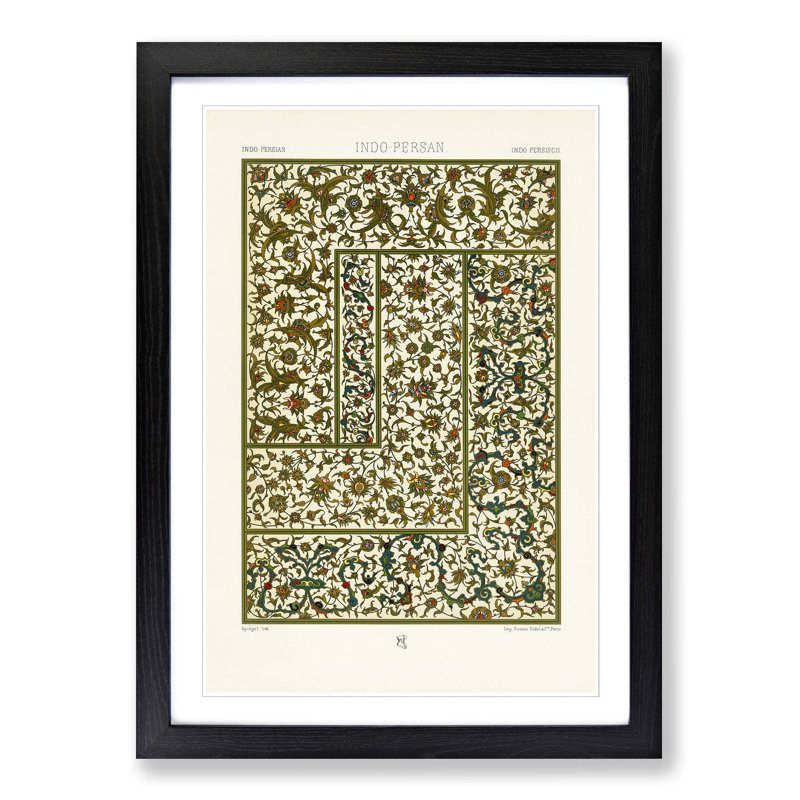 Indo-Persian Pattern with Flowers by Albert Racinet - Picture Frame Painting Print on MDF, 50cm H x 35cm W x 2cm D, Black