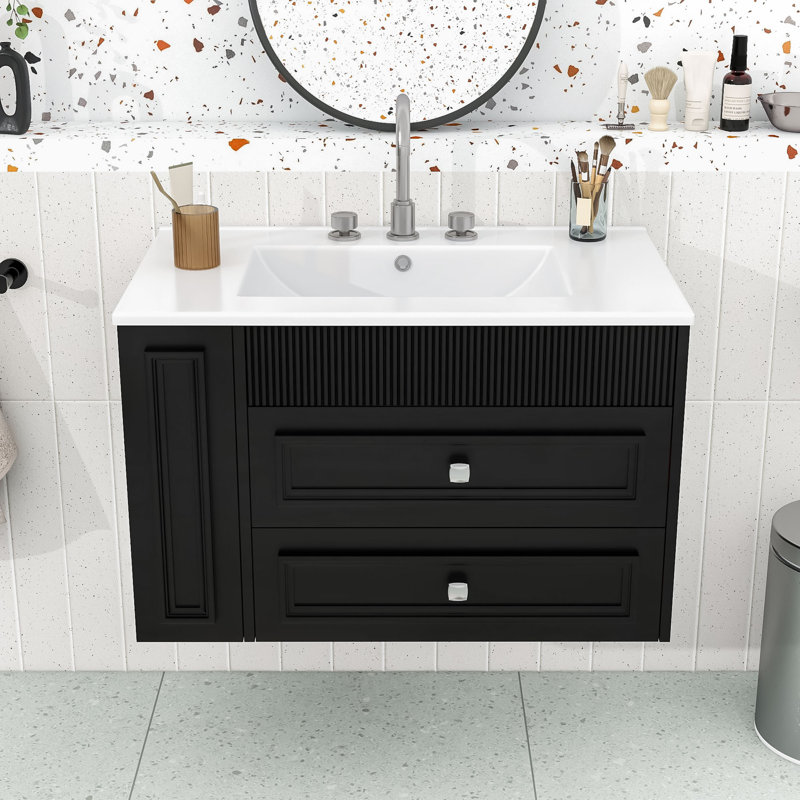 Modern Wall-Mounted Bathroom Vanity with Ceramic Sink, Open Shelving and Storage Drawers, Black