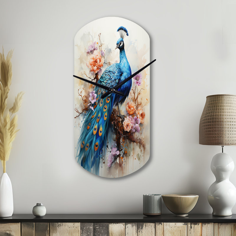 Filahy Blue Coral Indian Art Dancing Peacock II - horloge murale cylindrique en métal, impression asymétrique bleue, Grand