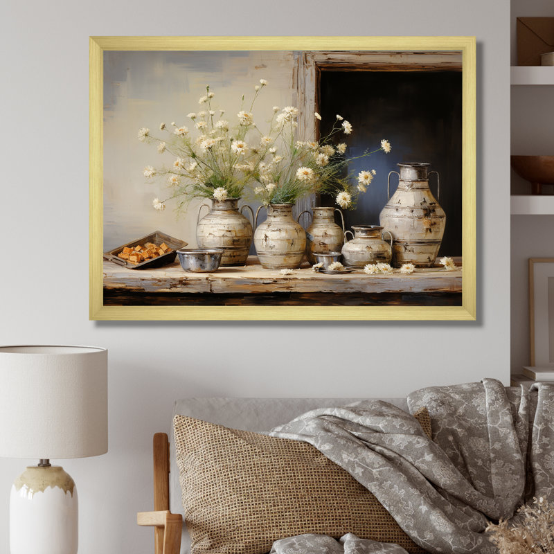 Flower Herbs Farmhouse Still Life, H 30 po x l 40 po x P 1,5 po, Cadre doré simple