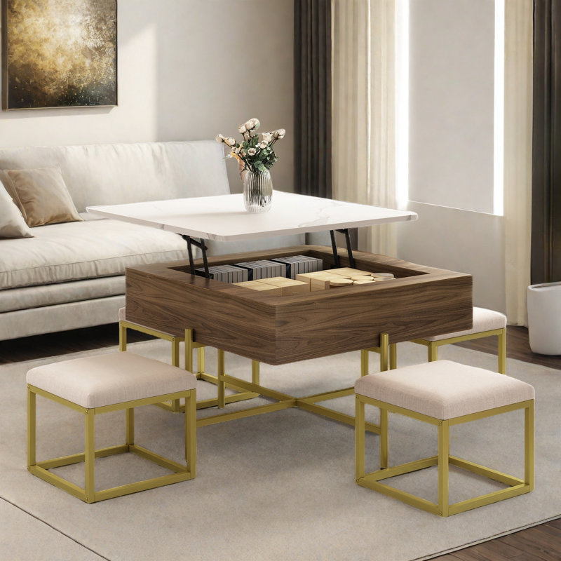 Modern Square Lift-top Coffee Table Set With Storage Space & 4 Ottomans