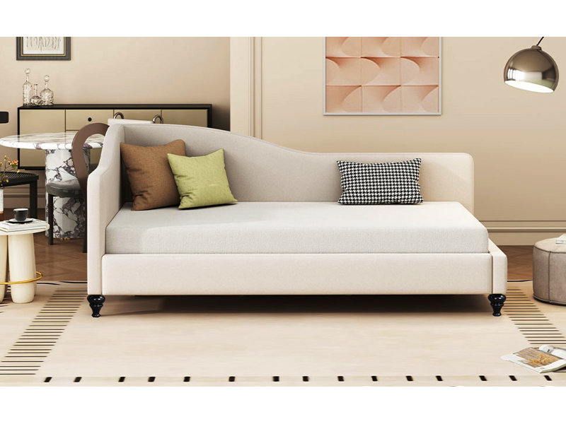 Lit de jour simple en lin en forme de L, avec pieds en bois massif, beige, Beige, Lit simple