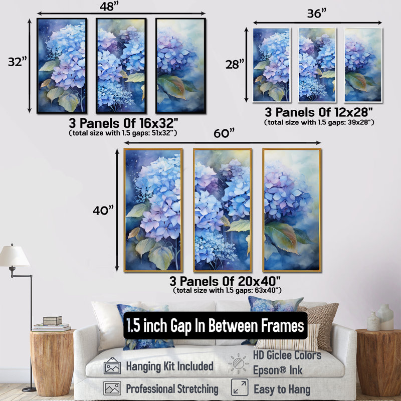 «Blue Hydrangea Farmhouse Still Life I - Hydrangea», ensemble d'art sur toile, H 40 po x l 60 po x P 1 po