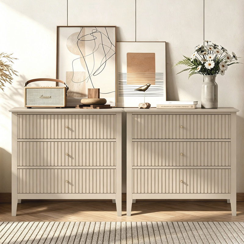 Table de chevet traditionnelle à 3 tiroirs, table d'appoint pour chambre à coucher, Beige