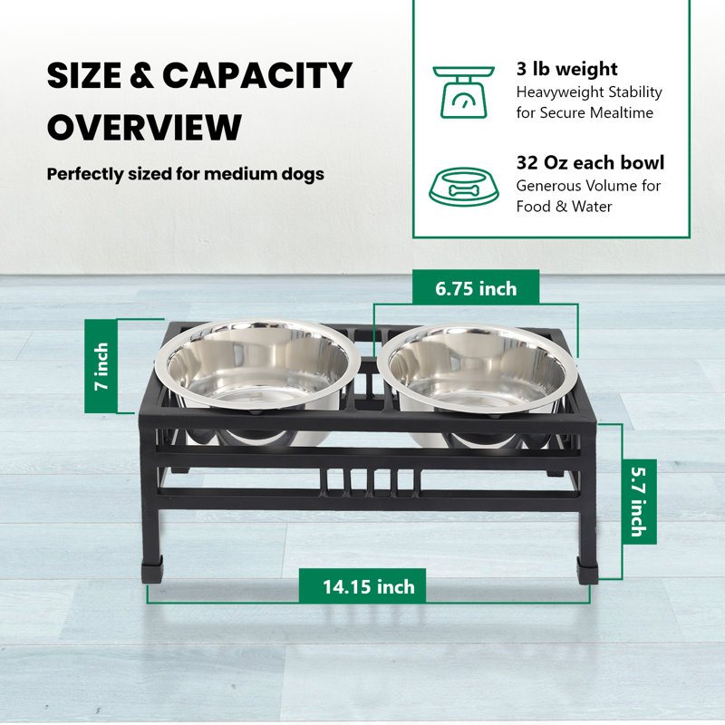 Medium Elevated Black Iron Pet Double Diner with Stainless Steel Bowls