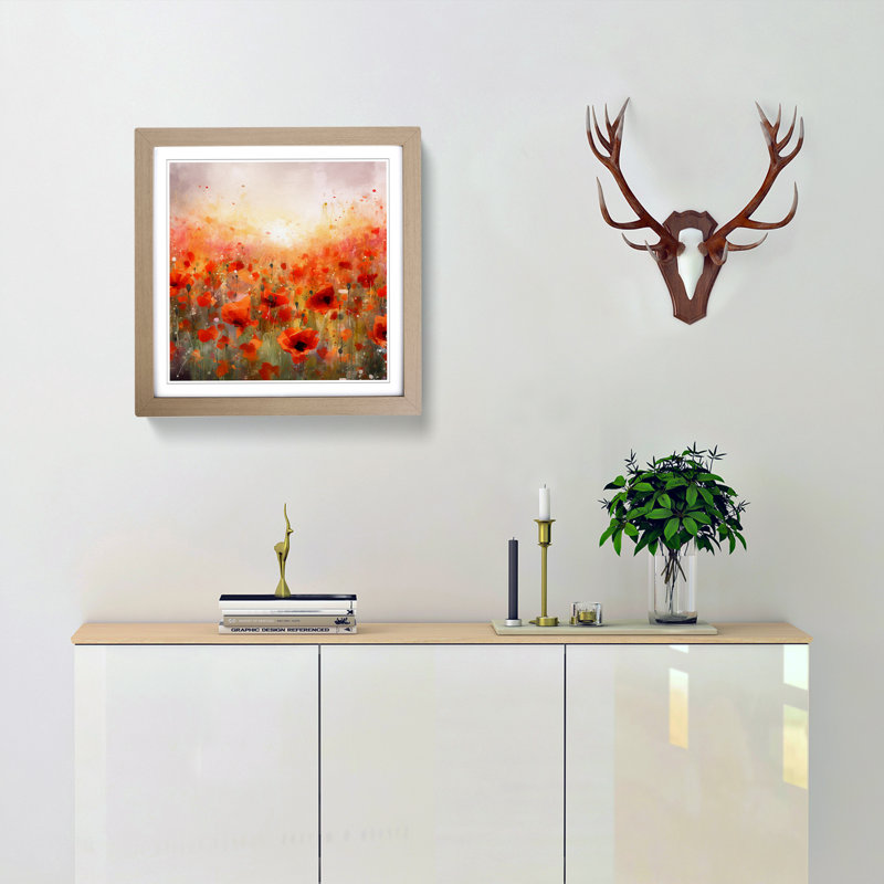 Poppy Field Splatter No.3 - Single Picture Frame Print on Wood, Oak