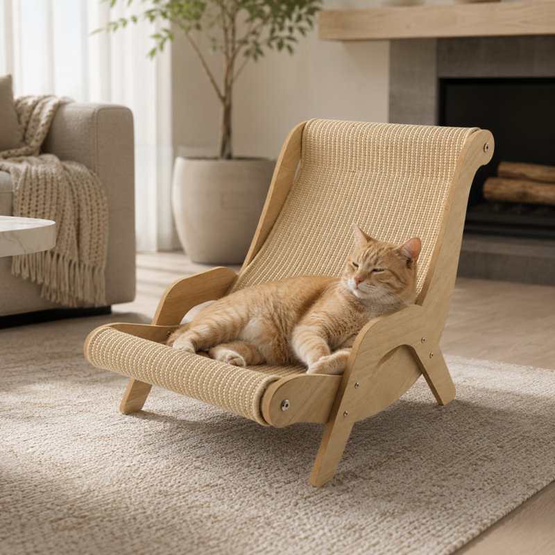 Fauteuil-griffoir en sisal avec structure en bois naturel, griffoir incurvé et design de type canapé pour chats d'intérieur