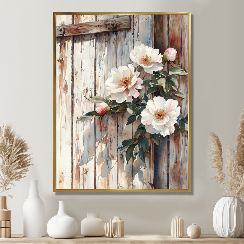 Pivoines par la porte de grange II - pivoines, art mural, H 40 po x l 30 po, Impression encadrée sans passe-partout, Doré