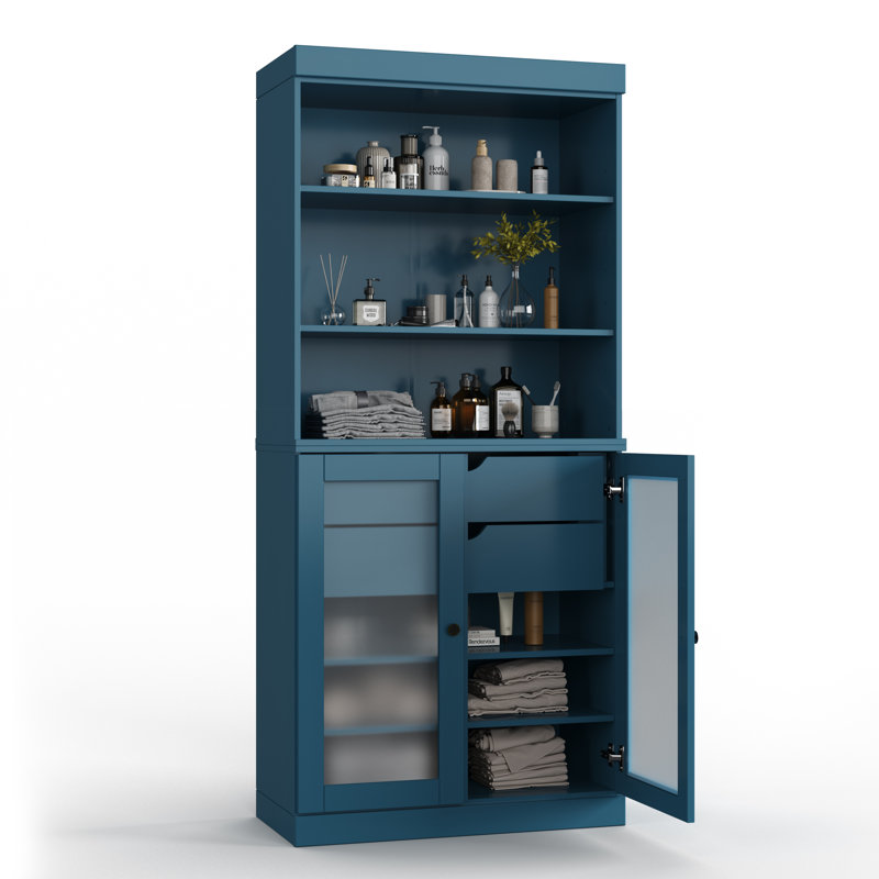 Armoire de salle de bain autoportante 100% bois massif 32 po avec portes en verre givré, 2 tiroirs et tablettes réglables - Rangement de salle de bain moderne