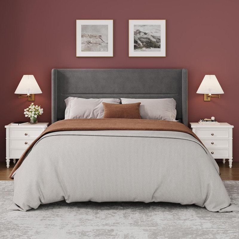 Velvet Upholstered Platform Bed Frame with Wingback Headboard & Wood Slats, 8" Under-Bed Storage, No Box Spring Needed for Bedroom
