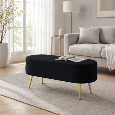 Banc de rangement noir avec repose-pieds arrondi, banc lisse avec pieds dorés pour la chambre à coucher et le vestibule