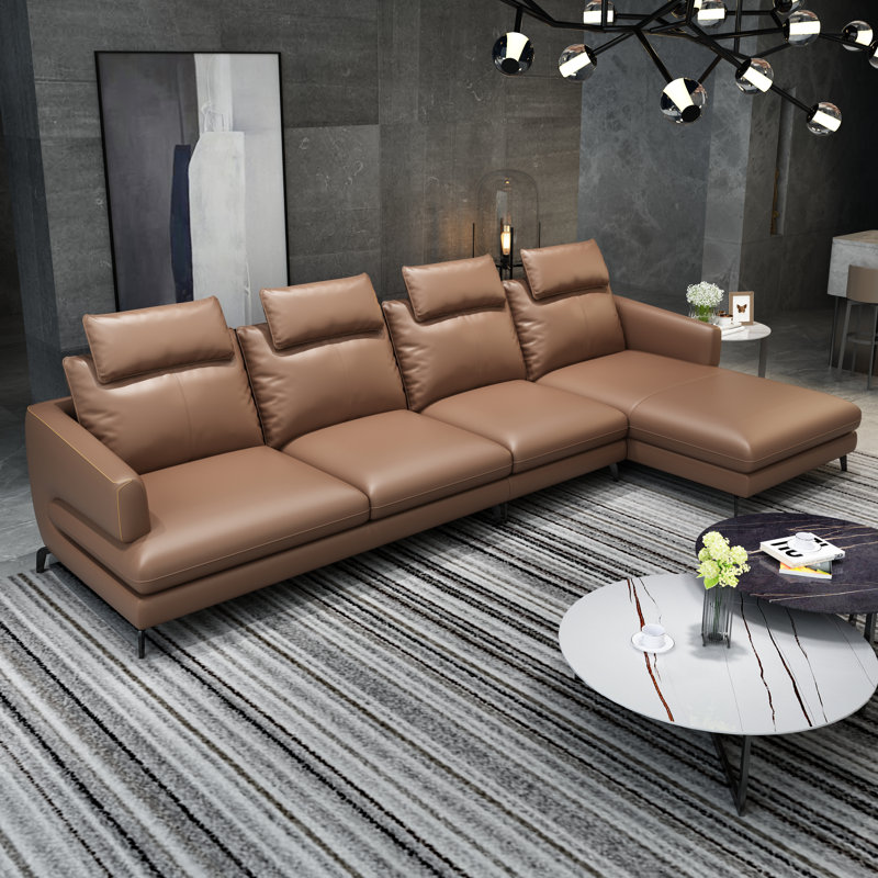 Pyle Upholstered L-Shaped Sectional, Sand Beige Genuine Leather, Right Hand Facing