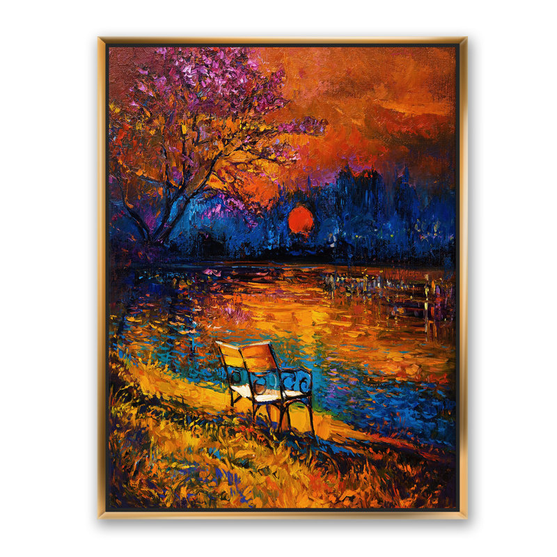 Red Moon Sunset in Autum Forest - reproduction d'art sur toile, H 20 po x l 12 po x P 1 po, Toile avec cadre doré
