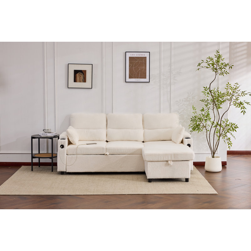 L-Shaped Linen Sleeper Sectional Sofa Bed with Storage Chaise, Solid Wood Frame, USB Charging, Teddy White Linen