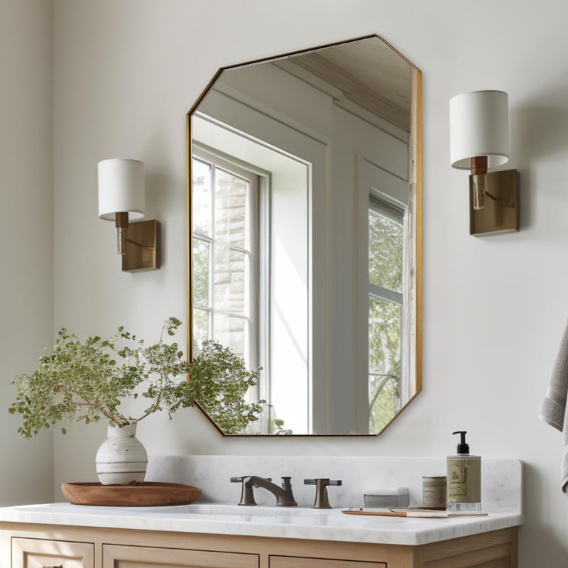 Contemporary Cut Corner Octagonal Scalloped Rectangle Mirror for Bathroom |Stainless Steel Frame, 36" x 24", Brushed Gold