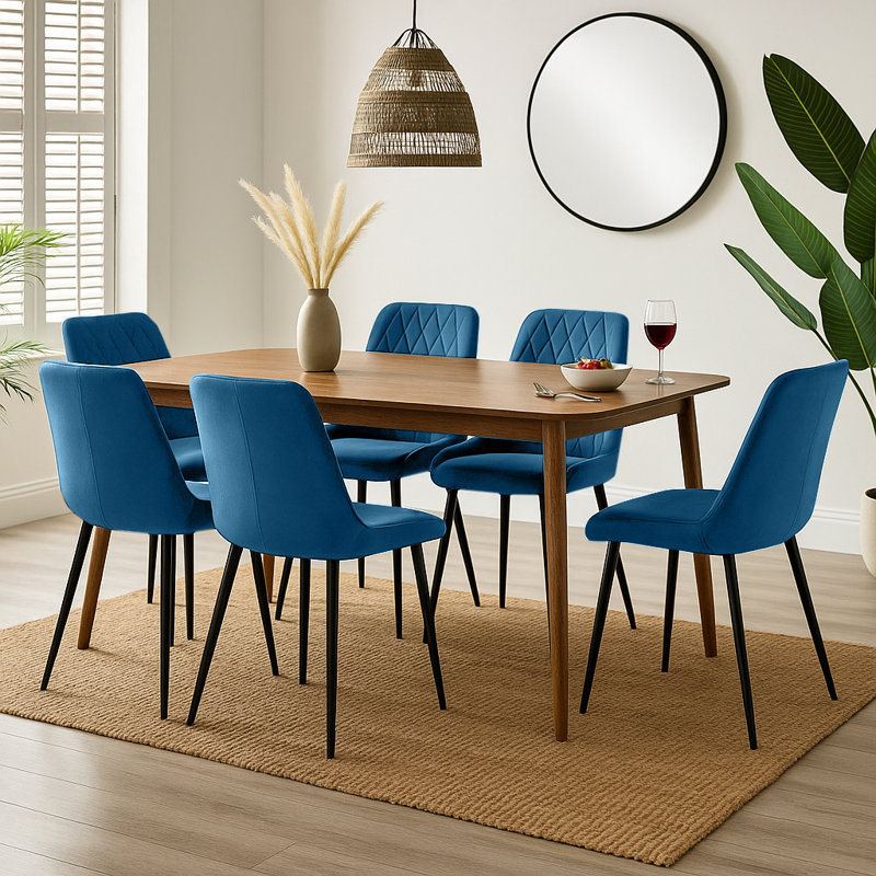 Drea Solid Wood Walnut Effect Dining Table With 6 Simsbury Luxury Velvet Upholstered Dining Chairs, Navy