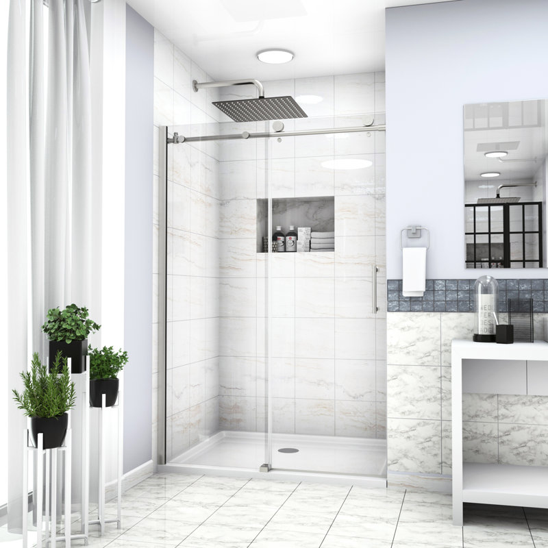 Shower Enclosure 48" W X 76" H. Clear Tempered Glass Sliding Door. Stainless Steel Pull. Matches Various Bathroom Themes. Professional Installation Recommended Finish Door 48"X76". Glass. Suits All