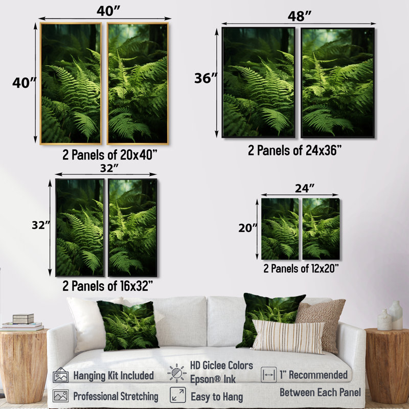 «Ferns Plant Enchanted Forest I», ensemble d'art mural sur toile verte, 20" H x 24" W, Impression encadrée flottante, White