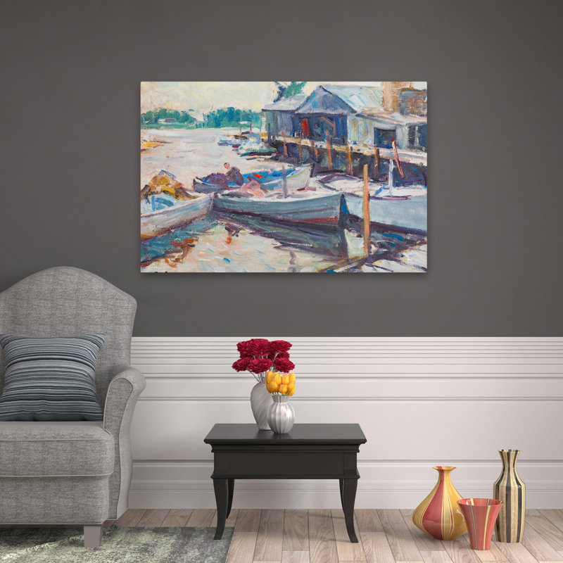 Poissons, art côtier, bateaux, paysages, H 32 po x l 48 po