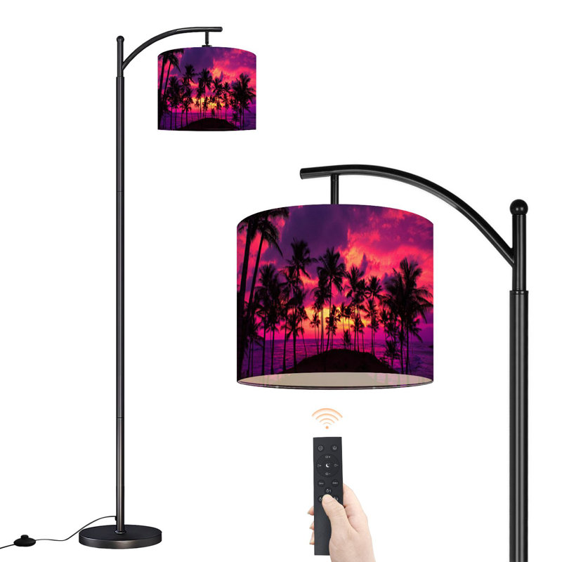 Lampe sur pied à arc avec abat-jour réglable Cocotiers tropicaux, plage, île, coloré, coucher de soleil, lampe sur pied, 3 températures de couleur, intensité variable, grand lampadaire avec interrupteur au pied pour la chambre à coucher
