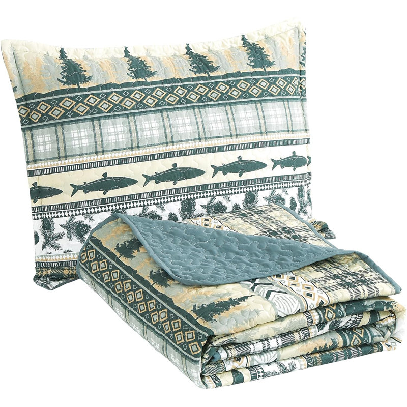 Lake Lightweight Printed Pine Tree Fish Deer Lodge Quilt Set, Twin Quilt + 1 Standard Sham