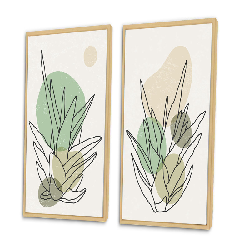 «Green Botanical Branch with Leaves I», ensemble de 2 peintures, H 32 po x l 32 po x P 1 po, Cadre brun