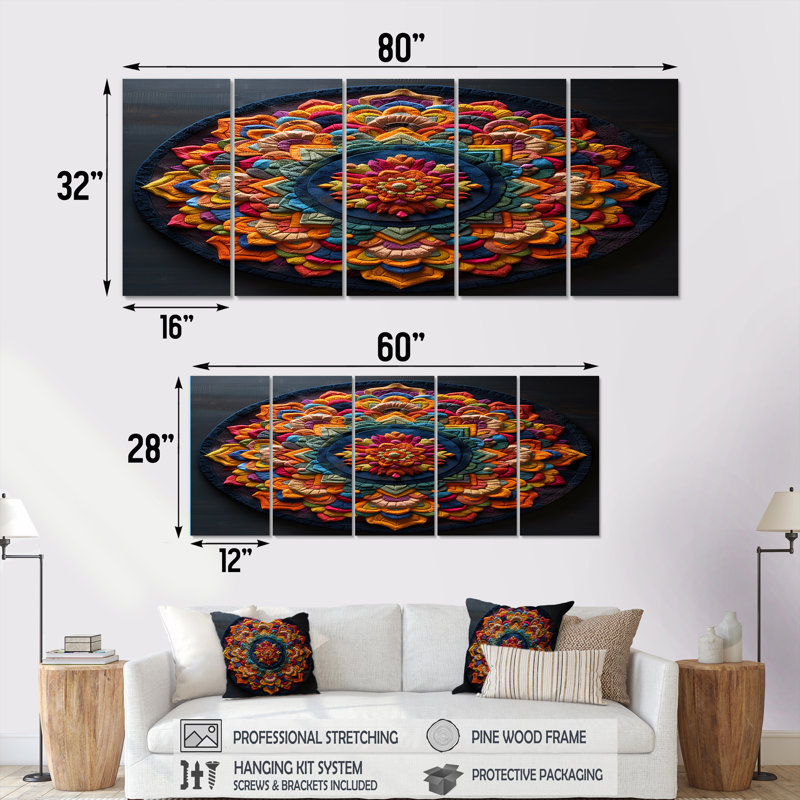 Bouddha fleur de mandala - art mural mandala boho pour le salon, 5 pièces, H 28 po x l 60 po