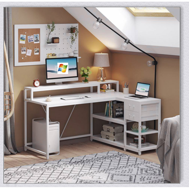Bureau de bureau en L de 55 pouces avec élévateur de moniteur, tiroirs et tablettes de rangement, bureau d'ordinateur de coin pour les petits espaces, table d'écriture de style maison de campagne