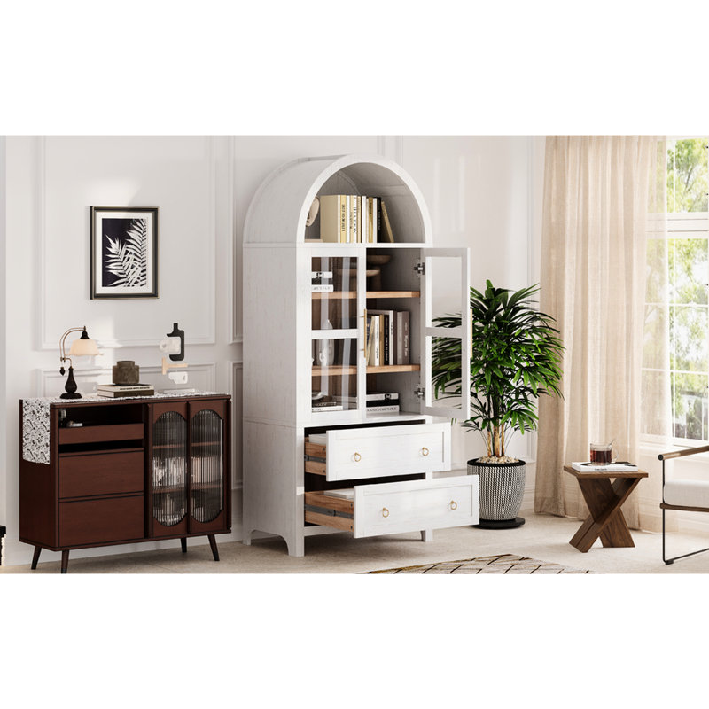 Armoire de rangement de 180 cm de haut au design arqué, couleur bicolore et glissières métalliques fluides pour un rangement silencieux et efficace. Portes vitrées supérieures modernes, pentures incluses. Solution d'aménagement intérieur sécuritaire et esthétique.
