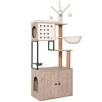 Modern Cat Condo with Litter Box Enclosure, Scratching Posts, Feeding Bowl & Removable Pompom Sticks, Gray
