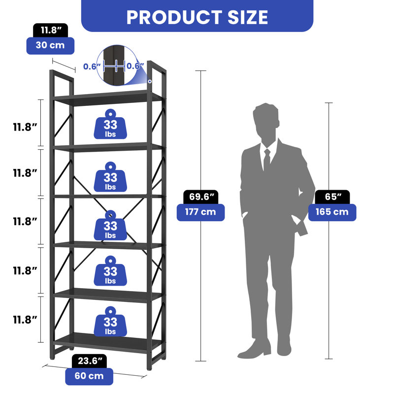 Kiyler Bookcase, (6 Shelves) 69.6" H x 23.6" W x 11.8" D, Black/Gray
