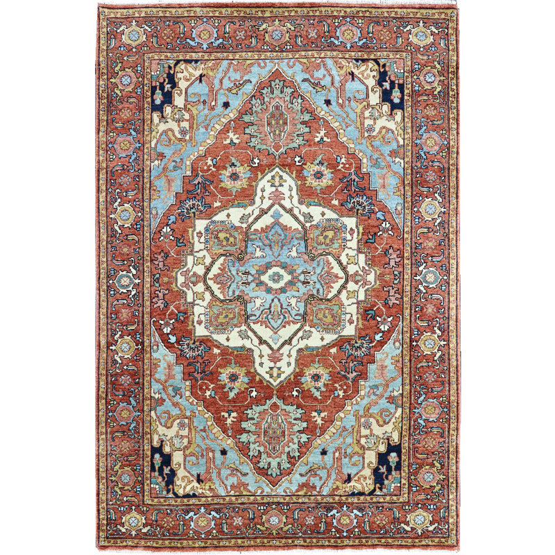 Hand Knotted Wool Area Rug in Red, Rectangle 4' x 6'