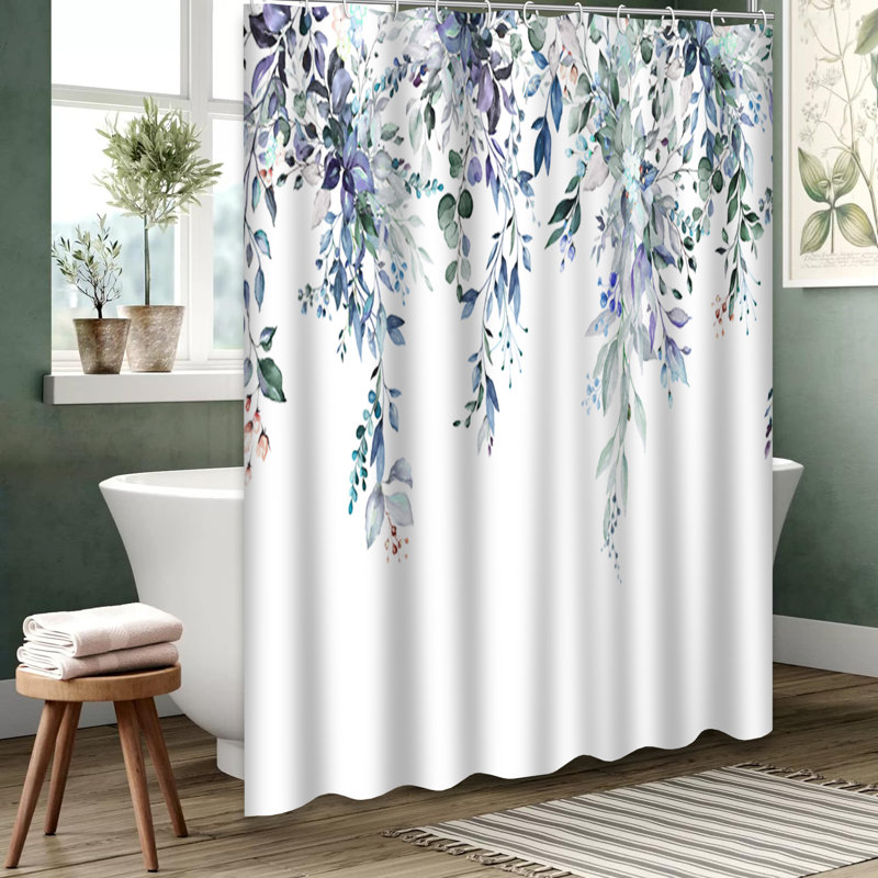 Rideau de douche avec 12 crochets, L 72 po x l 72 po, Blue Grey Watercolor Floral