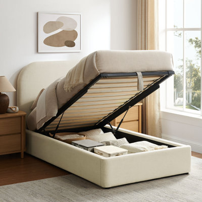 Doron Twin Fabric Upholstered Storage Platform Bed Frame in Ecru