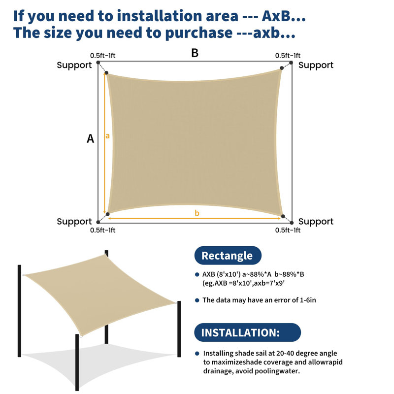Sand 8x10 FT Rectangle Sun Shade Sail with UV Block Shade Cloth, Outdoor Canopy for Patio, Backyard, Deck or Garden, Gold