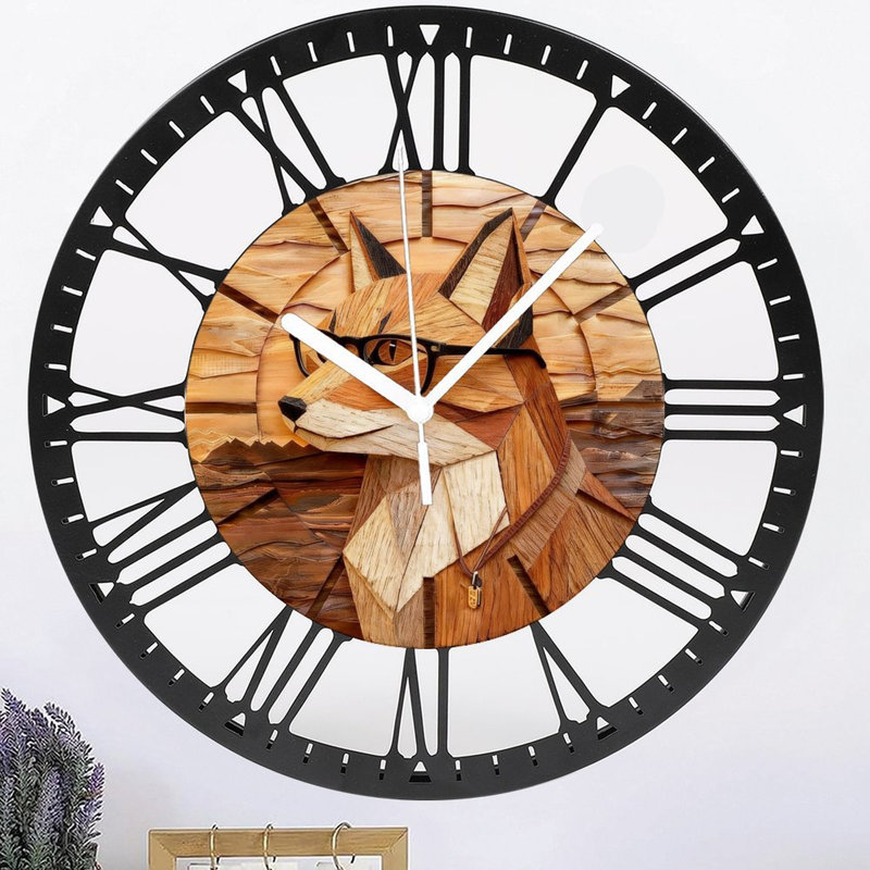 Horloge murale ronde en fer 10 po avec mouvement à quartz silencieux, chiffres romains, impression UV, Renard