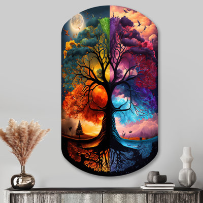 Arbre de vie, jour et nuit II - Paysage forêt, forme cylindrique, art mural métallique asymétrique