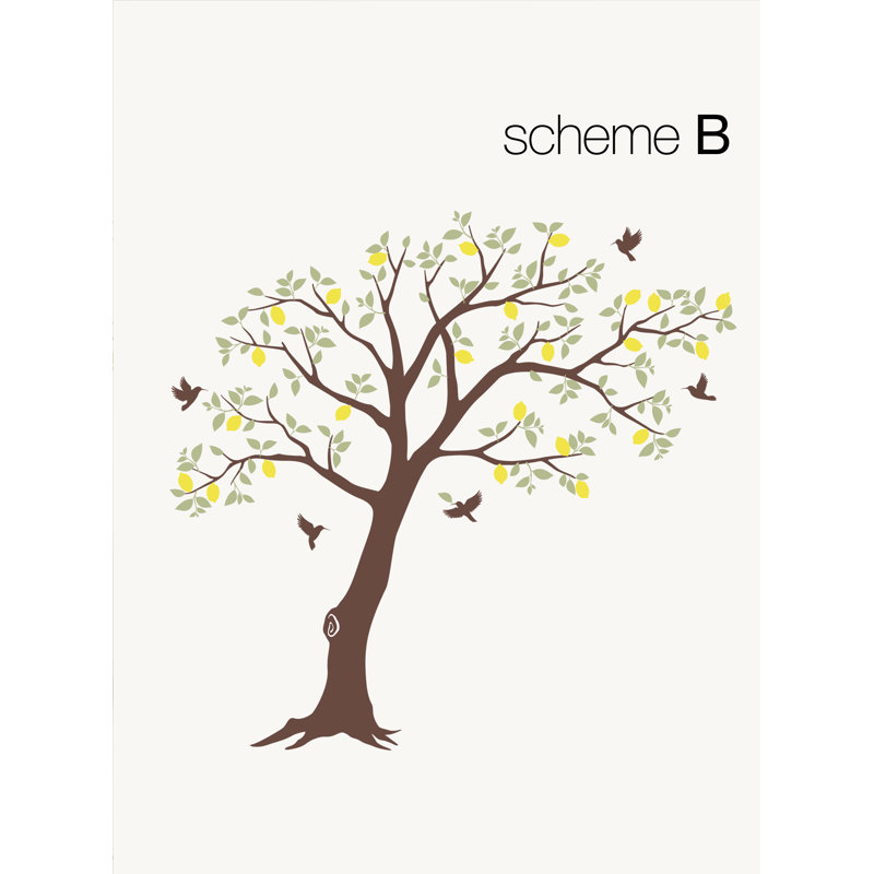 Décalcomanie murale arbre à fruits avec colibris, Brun foncé / vert / jaune
