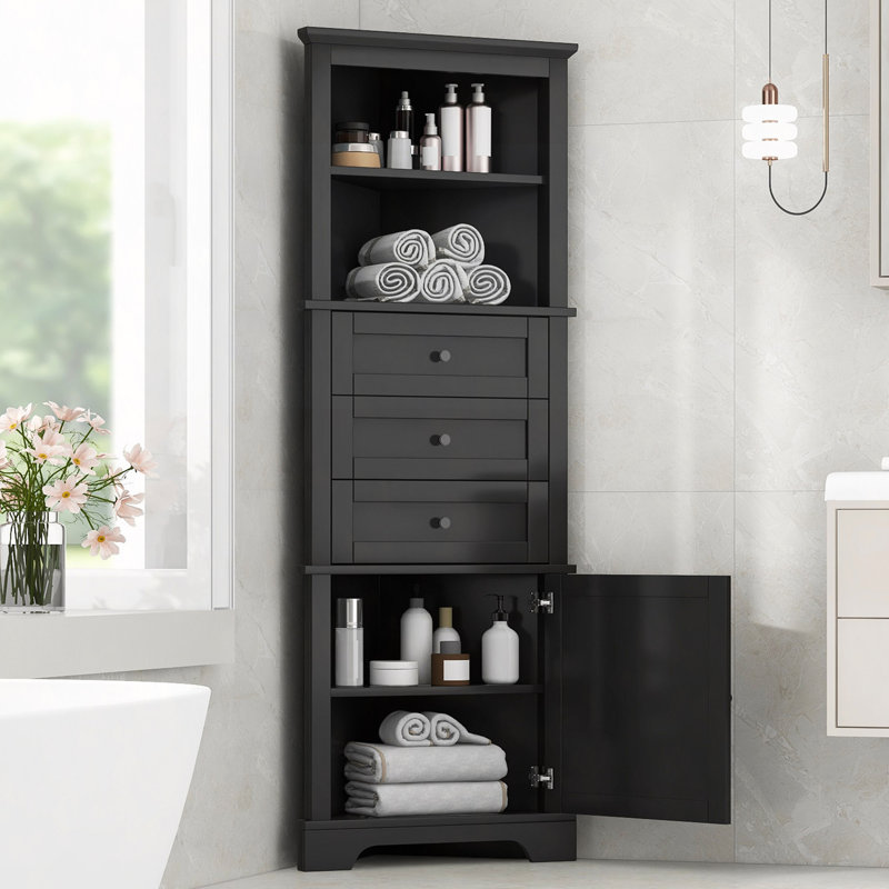 Armoire haute triangulaire avec 3 tiroirs et tablettes réglables pour la salle de bain, la cuisine ou le salon, panneau de fibres à densité moyenne