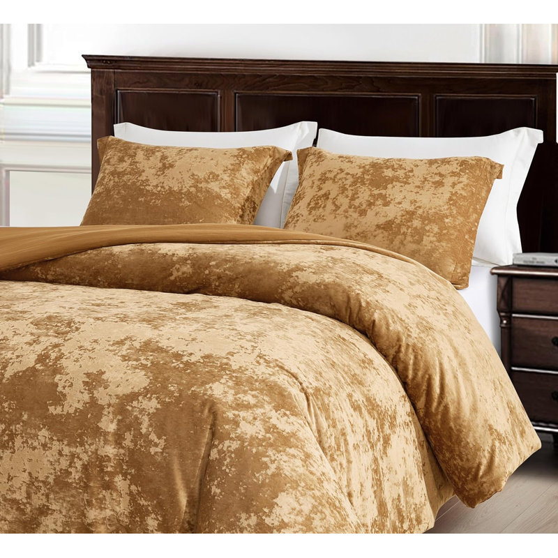 Lux Distressed Velvet Reversible Comforter Set, Queen Comforter + 2 Standard Shams, Caramel Gold